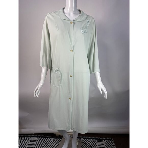 Vintage Light Blue Button Down Robe With Floral Embroidery & Pocket - Picture 11 of 16